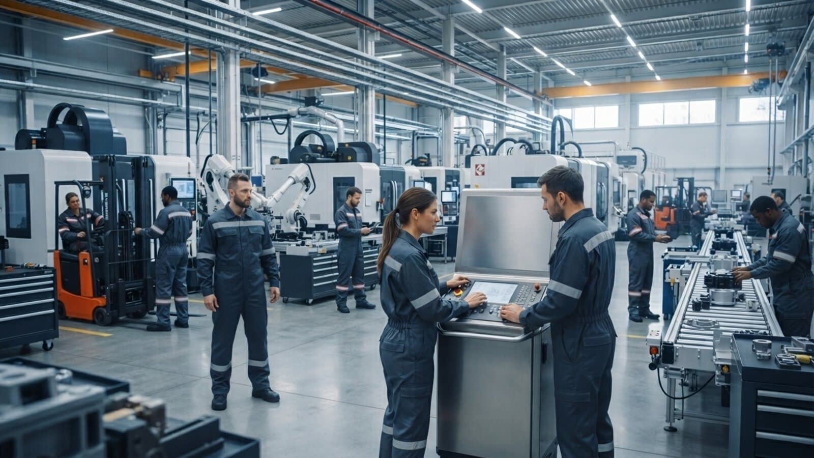 Operarios con indumentaria de trabajo gris con cintas reflectivas en una planta industrial automatizada