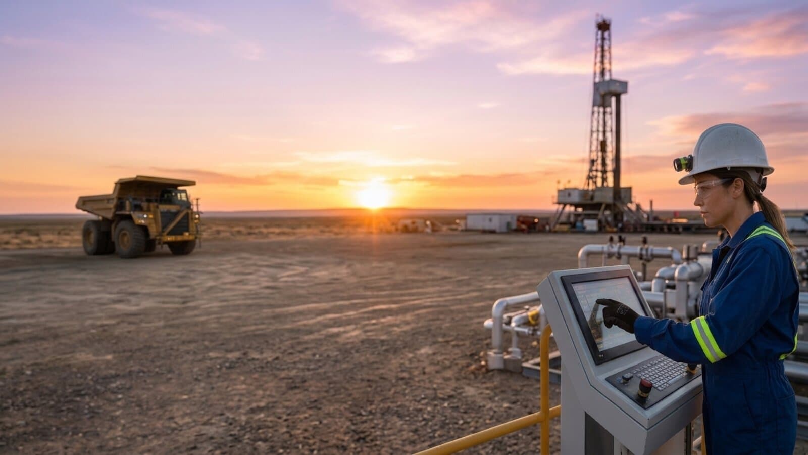 Operaria controlando un equipo de planta en un yacimiento de petróleo al atardecer