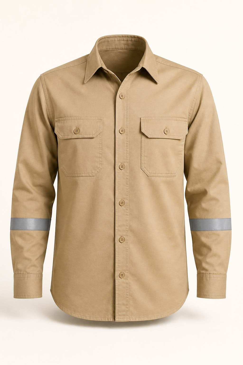 Camisa ignífuga FR algodón Pampa, ropa de trabajo certificada en color arena con bolsillos de pecho y cintas retrorreflectivas.