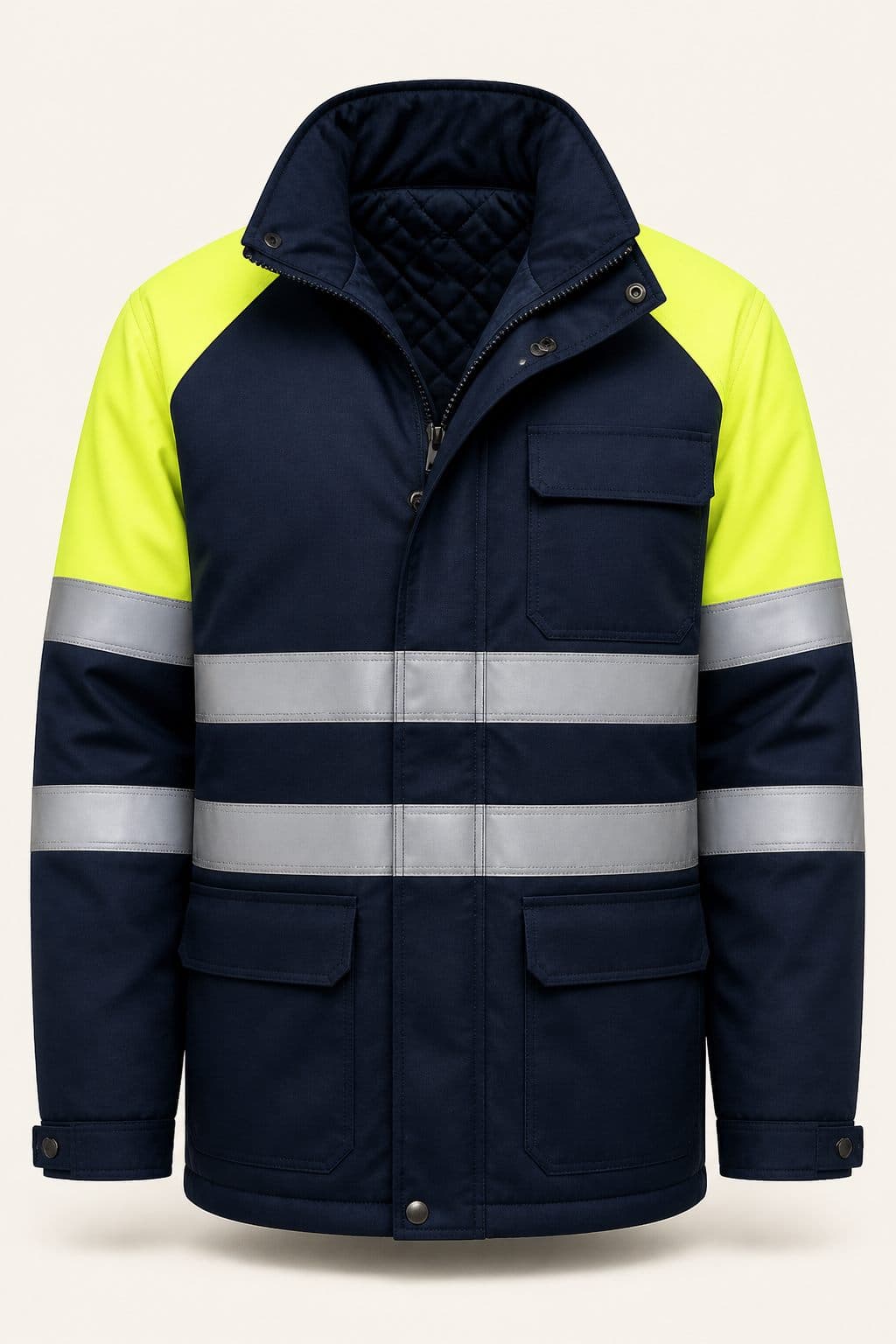 Campera Industrial Andes azul marino con paneles amarillo flúor en los hombros y cintas retrorreflectivas, vista frontal sobre fondo neutro.