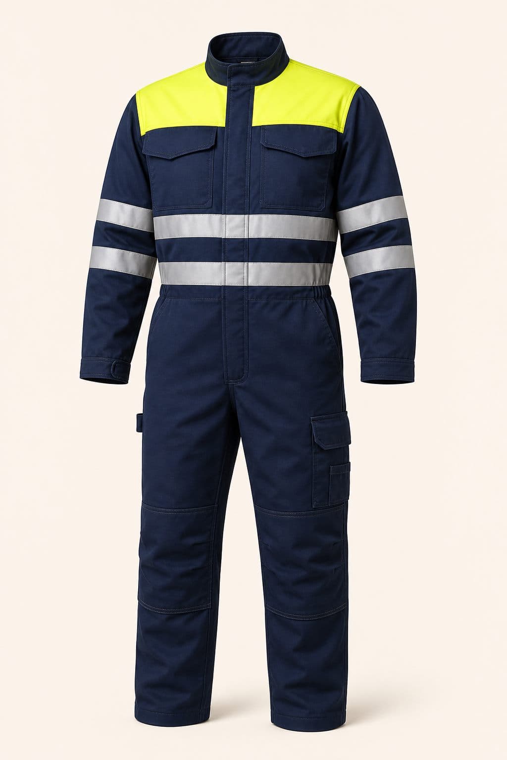 Ropa de trabajo certificada: Overol Minero Cordillera azul marino con canesú amarillo flúor y cintas retrorreflectivas, vista frontal.
