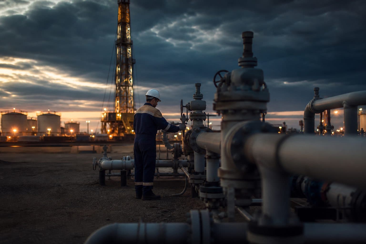 Ropa antiestática petróleo y gas: trabajador con indumentaria FR certificada junto a instalaciones de producción